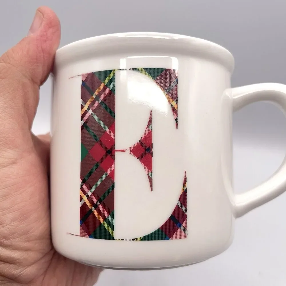 Pottery Barn Monogram Red Plaid “E” Mug